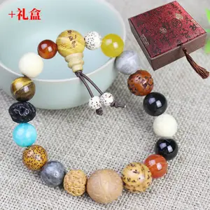 Yiwu Vintage Natural 18 Bodhi Samen Perlen Armband Armreifen Buddha Charm Armband Tibet Buddhistisches Gebet Holz Perlen mit Geschenk box