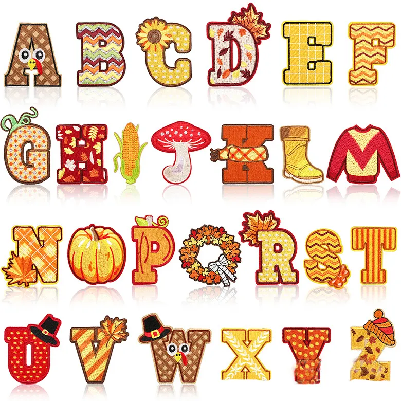 Wholesale A-Z Embroidery Letter Patches Iron-on Initial Patches for Thanksgiving themed embroidered cloth patches