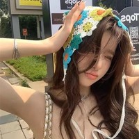 Bandeau triangulaire pour femmes Version coréenne tricoté Crochet dentelle bandeau écharpe avec mignon doux fille Style fleur foulard chapeau