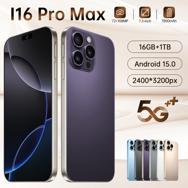 I16 Pro Max7.3-inch AMOLED 90Hz Display Deca Core 16GB RAM Android 15 Gaming Smartphone Dual 2G 108MP Camera 7000mAh Battery