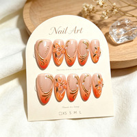 30 faux ongles à presser, forme amande, nude, orange ombré, motif floral doré, avec lime à ongles, vente en gros, dropshipping