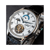 Montres mécaniques en acier avec affichage de la date, phases solaires et lunaire, et tourbillon, conçues et fabriquées en usine pour la marque des clients