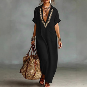 Vestido Maxi para Mujer Maining, Bordado Floral, Cuello en V, Manga Media, Vestido Informal Estilo Boho, Vestido Túnica de Playa con Bolsillo - Product Image 6
