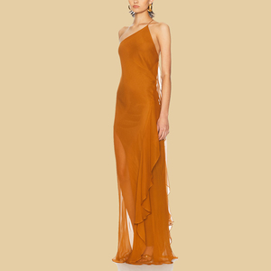 <span class=keywords><strong>Abiti</strong></span> <span class=keywords><strong>da</strong></span> <span class=keywords><strong>Sera</strong></span> Maxi Personalizzati in Tessuto Chiffon di Peso Medio Monospalla con Vita Naturale Completamente Foderati con Balze a Strati e Orlo Asimmetrico - Product Image 4