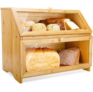 2 Layer 100% Bamboo Bread Box Food Storage Bin with Clear Front Window Bread Holder for Kitchen