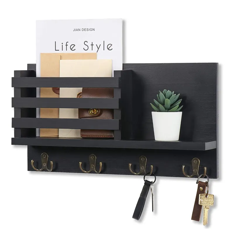 Rustic Home Wall Mounted Mail Sorter Organizer Envelope Holder Wooden Wall Hanging Key Holder Hooks Rack