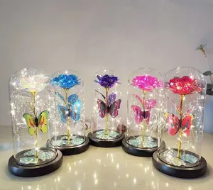 Rosa de ouro com luz led de rosa em copo, domo de vidro criativo de flores para mulheres 24k presentes do dia dos namorados com luz led