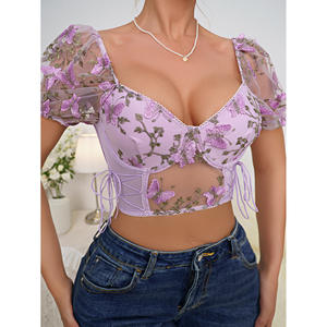Sexy Women's Embroidered Organza Blouses With <b>Butterfly</b> Design Short <b>Sleeve</b> Balloon <b>Sleeve</b> Crop <b>Top</b> Sweetheart Collar Floral Pat - Product Image 6