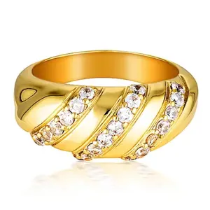 Simple Stainless Steel 18K Gold Plated Twist Lines Zircon Finger Ring Titanium Steel Zircon Horn Thread Shaped Band Rings