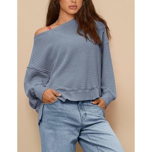 FOXA Sweat-shirt oversize femme en maille gaufrée à manches longues, col rond, respirant, épaules tombantes, haut d'automne - Product Image 4