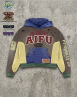 Sweat-shirt à capuche pour homme, coupe ample, épais, style streetwear, vintage, effet vieilli, délavé à l'acide, broderie chenille, patchwork