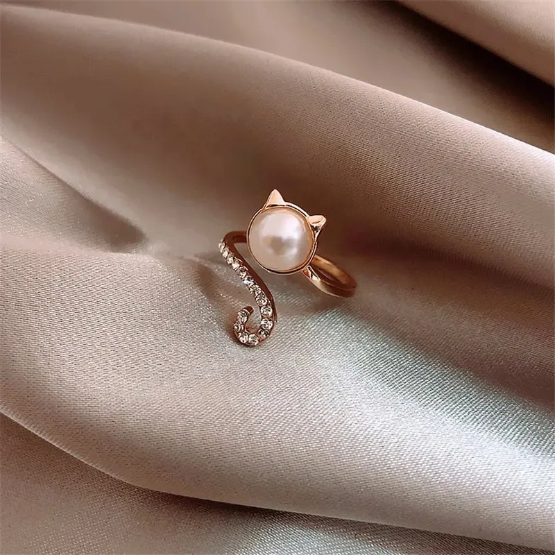 Korean fashion jewelry cute pearl gold plated classical simple diamond adjustable Finger rings cat women vintage