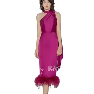 Luxurious Scarlet Satin Dress with Ostrich Feathers Ideal for Wedding Toasts and Special Occasions 2024