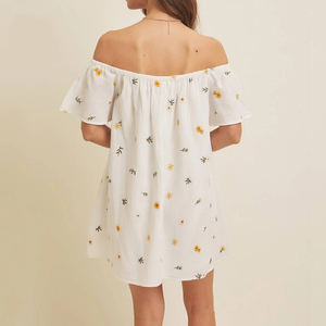 Manufacturer's summer off-shoulder embroidered floral <b>dress</b> custom COTTON GAUZE mini <b>dress</b> with pockets - Product Image 5