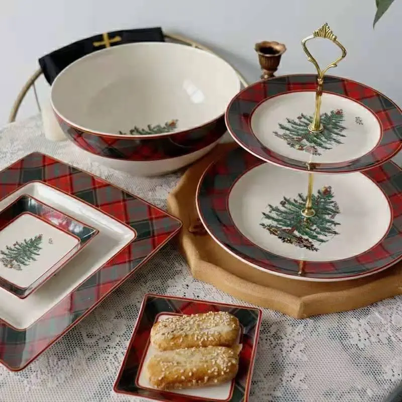 Steak Plate Cake Plate Square Round Cloth Texture Christmas Tree Ceramic Red Amazon Hot Contemporary Plate Dish Ceramic 1 Ton