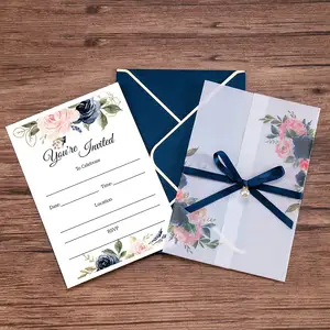 カスタマイズされたネイビーブルーベビーシャワー招待カード記念日フィルインインナーシート招待カード結婚式の封筒