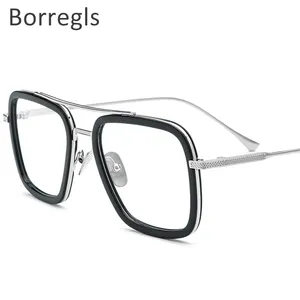 Borregls แว่นตา Pure Titanium Acetate สำหรับผู้ชาย,กรอบแว่นตา Tony Stark แนวเรโทรแว่นสายตาสั้นสำหรับผู้หญิง8512