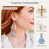 Anting-anting Rumbai Mutiara Kuningan Lapis Emas 18K, Rangkaian Mutiara Berbentuk Nasi, Pengait Ikan, Biru Hijau Oranye Hitam, Perhiasan Boho Wanita