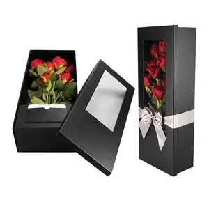 Custom Black Mother's Day Luxury Wedding Gift Recyclable Rectangle Flower Folding Cardboard Paper Packaging Box With Window