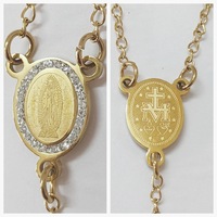 Collier de prière catholique en acier inoxydable plaqué or avec médaille de Notre-Dame en strass, crucifix, perles de prière, bijoux religieux