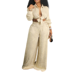 Autunno 2025 donna abbigliamento Casual tinta unita <span class=keywords><strong>camicia</strong></span> a maniche lunghe a vita alta pantaloni larghi moda due pezzi pantaloni Set - Product Image 2