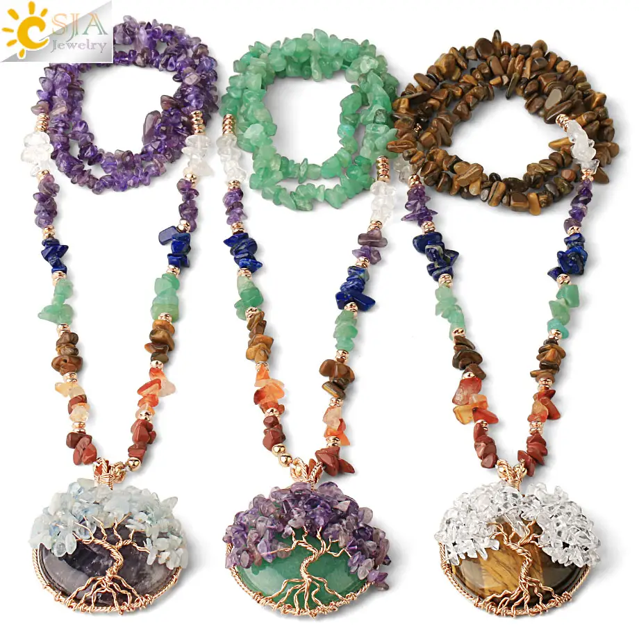 CSJA wholesale tree of life wrapped crystal necklace 7 chakra natural stone irregular chip bead long necklace G378