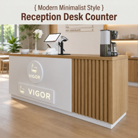 Comptoir de réception moderne en bois naturel avec plateau, corps blanc à lattes verticales, logo circulaire rétroéclairé pour magasin de détail, OEM ODM personnalisé