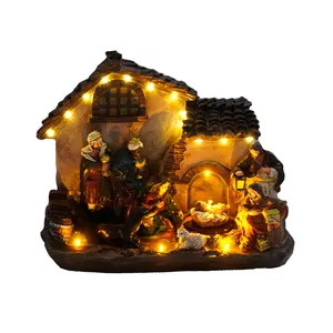 Belén religioso europeo, luces LED de colores cálidos y Cabaña de resina musical, adornos navideños para el hogar con movimientos