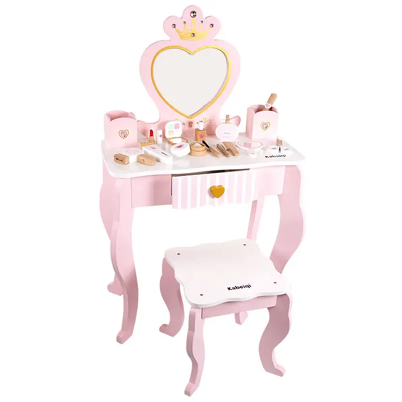 화이트와 핑크 아이 화장대 메이크업 화장대 의자 세트 메이크업 키트 세트 나무 심장 모양 거울과 서랍
