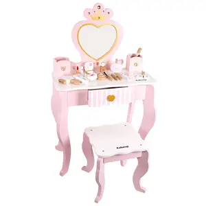 Witte En Roze Kinder Make-Up Kaptafel Stoel Set Met Make-Up Set Houten Hartvormige Spiegel En Lade