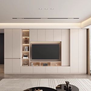 <span class=keywords><strong>Meuble</strong></span> TV mural intégré avec étagères ouvertes et tiroirs, mobilier <span class=keywords><strong>de</strong></span> rangement moderne et minimaliste pour salon - Product Image 1