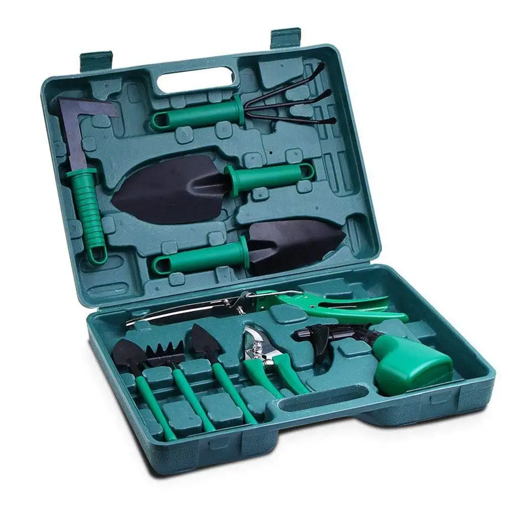 Amazon Hot sales unit plastic carry box packing hand gardening tools 10pc green garden tool set