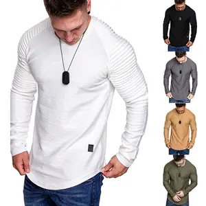 2021 Nieuwe Mannen Ronde Hals T-shirt Mannen Met Lange Mouwen T-shirt Jeugd Gerimpelde Raglanmouwen Bodem Shirt Mode Sportkleding