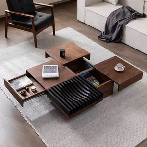 Tavolino da Caffè Minimalista Italiano in Legno Massello, Tavolo Centrale Stile Mid-century Wabi-Sabi con Vano Portaoggetti per Soggiorno, Tavolino in Marmo - Product Image 6