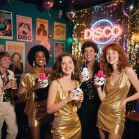 Chapeau de cowboy disco blanc, gobelets de fête avec pailles, années 70, paillettes miroir, verre à cocktail, jus, matière plastique, paillettes disco pour bal