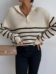Maglione Pullover a righe bianche nere con mezza cerniera <span class=keywords><strong>colletto</strong></span> rovesciato Casual per uomo donna 100% cotone fornitore personalizzato - Product Image 2