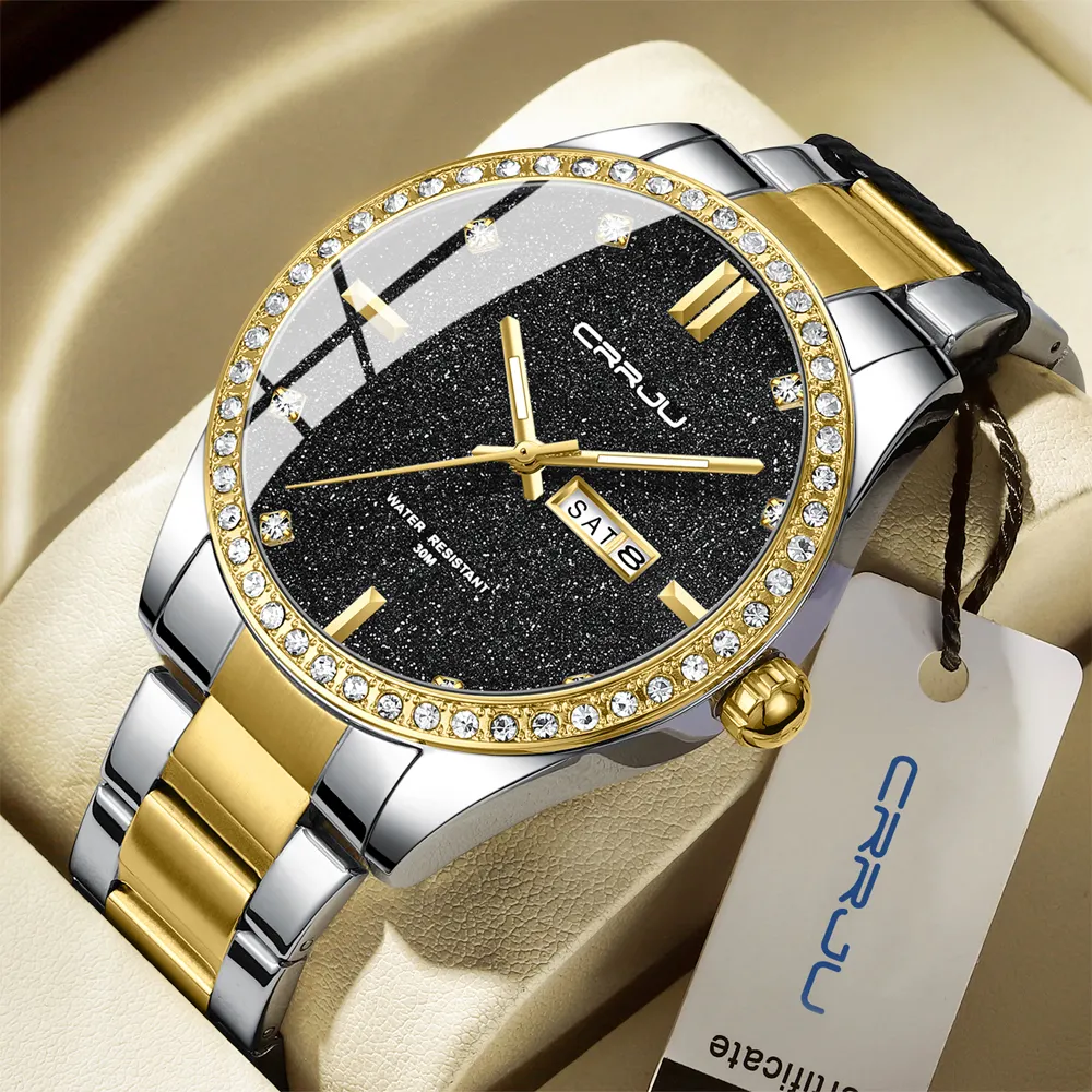 Crrju Fabriek Merk Uw Naam Massief Roestvrij Stalen Band Star Dust Diamant Handhorloge Voor Heren Montre De Luxe Pour Homme