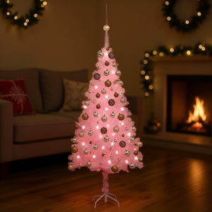 Sapin de Noël artificiel rose en PVC pré-éclairé de 47,2 pouces avec un ensemble de boules, lumières LED intérieures à poser, ton chaud - Product Image 2
