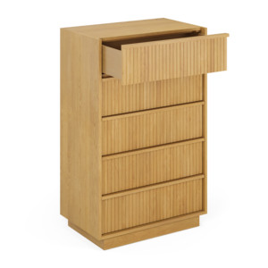 Commode en chêne naturel rainuré, taille personnalisable, 5 tiroirs, style Japandi, éco-responsable, armoire architecturale à lattes pour la maison - Product Image 4