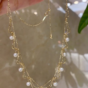 18K oro sólido real uso diario ligero lujo duradero 3 capas cuentas perla <span class=keywords><strong>encaje</strong></span> fino mujeres encanto collar AU750 - Product Image 1