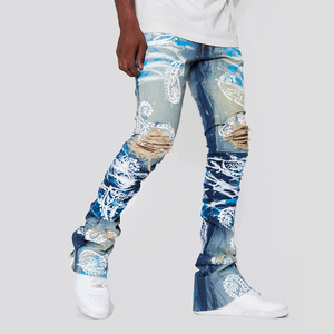 AeeDenim Diseñadores personalizados <span class=keywords><strong>Jeans</strong></span> Hombres Stacked Extendo Flared Screen Print Aguacate Slim <span class=keywords><strong>Tapered</strong></span> Denim <span class=keywords><strong>Jeans</strong></span> Hombres Pantalones largos - Product Image 5