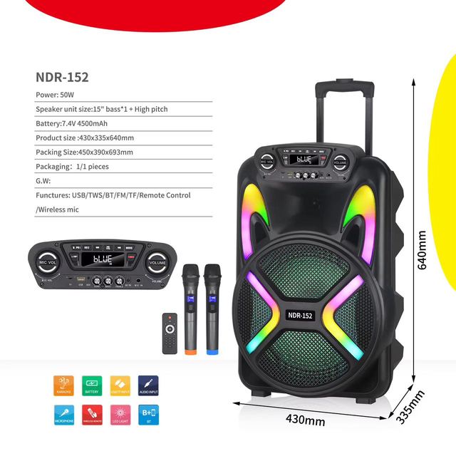Hot NDR-152 15 Inch RGB Large Home Theater Conference Indoor  Lamp Wireless Party Speaker with Battery for Karaoke