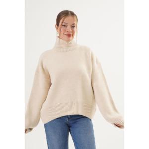 Soft Beige Half <b>Turtleneck</b> Knit Sweater <b>Women</b> Casual Full Sleeve <b>Top</b> - Product Image 4
