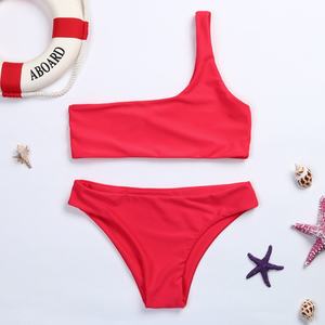 Maillot de bain deux pièces sexy pour femme, couleur unie, découpé, asymétrique à une épaule, sans manches, coupe haute, en Spandex/Polyester, séchage rapide, avec string en V - Product Image 1