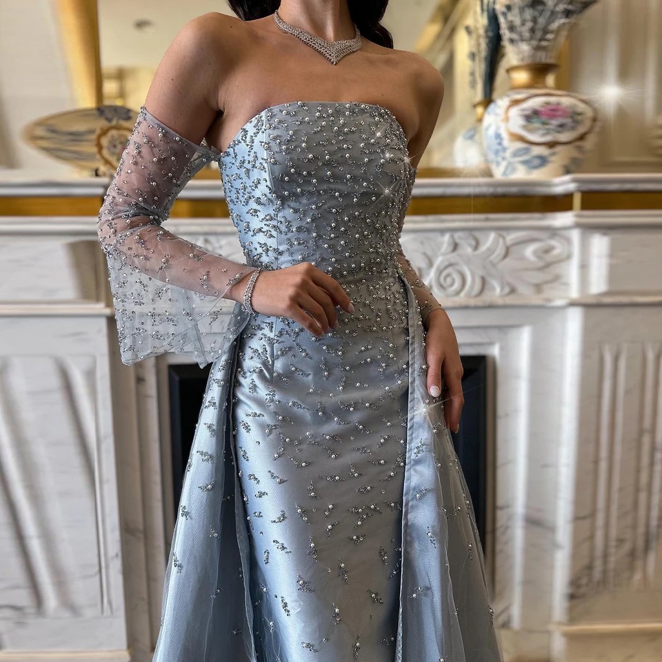 Elegant Beaded Evening Dresses with Overskirt Luxury Gowns