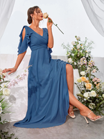 Robe de Demoiselle d'Honneur Longue en Chiffon Haut de Gamme à Volants et Épaules Dénudées, Col en V, Coupe Évasée, pour Dîners, Mariages et Soirées