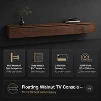 Console TV murale flottante minimaliste en placage de noyer foncé avec tiroirs à tirage en J et support dissimulé OEM