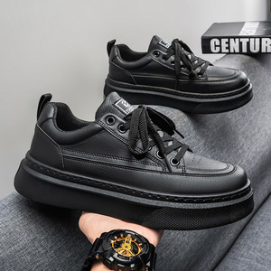 Sneakers plateforme en cuir noir pour homme, chaussures décontractées à lacets antidérapantes et résistantes à l'usure - Product Image 1