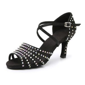 Zapatos <span class=keywords><strong>de</strong></span> Baile Latinos <span class=keywords><strong>de</strong></span> Salón Profesionales para Mujer, Tacón <span class=keywords><strong>de</strong></span> 9 cm, <span class=keywords><strong>Banda</strong></span> <span class=keywords><strong>de</strong></span> Satén Marrón con Pedrería, Novedad - Product Image 3