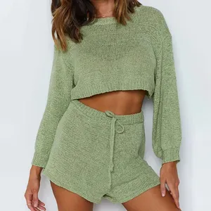 New Style Women Sweaters Casual Wear Supplier Ladies Plain Knitted Solid Cropped Pullover And Shorts Sexy Women Sweater Set